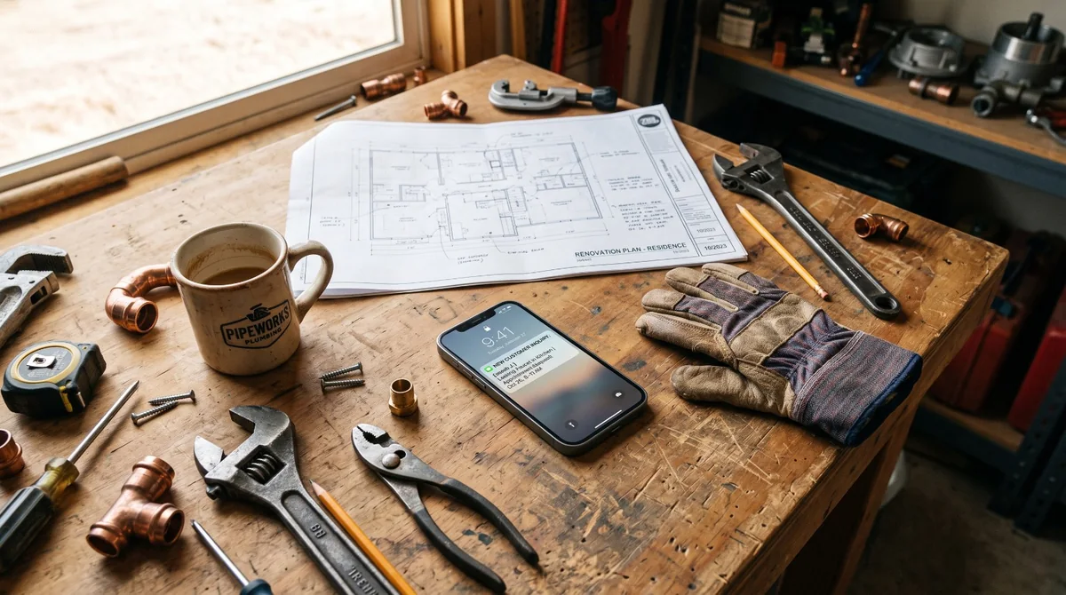 Service-business workbench with tools and an organized customer inquiry on a phone